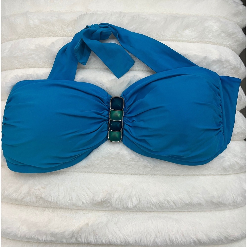 2Bamboo Bikini Top Women L/XL Blue Good Halter Ruched Beaded 36D-38D